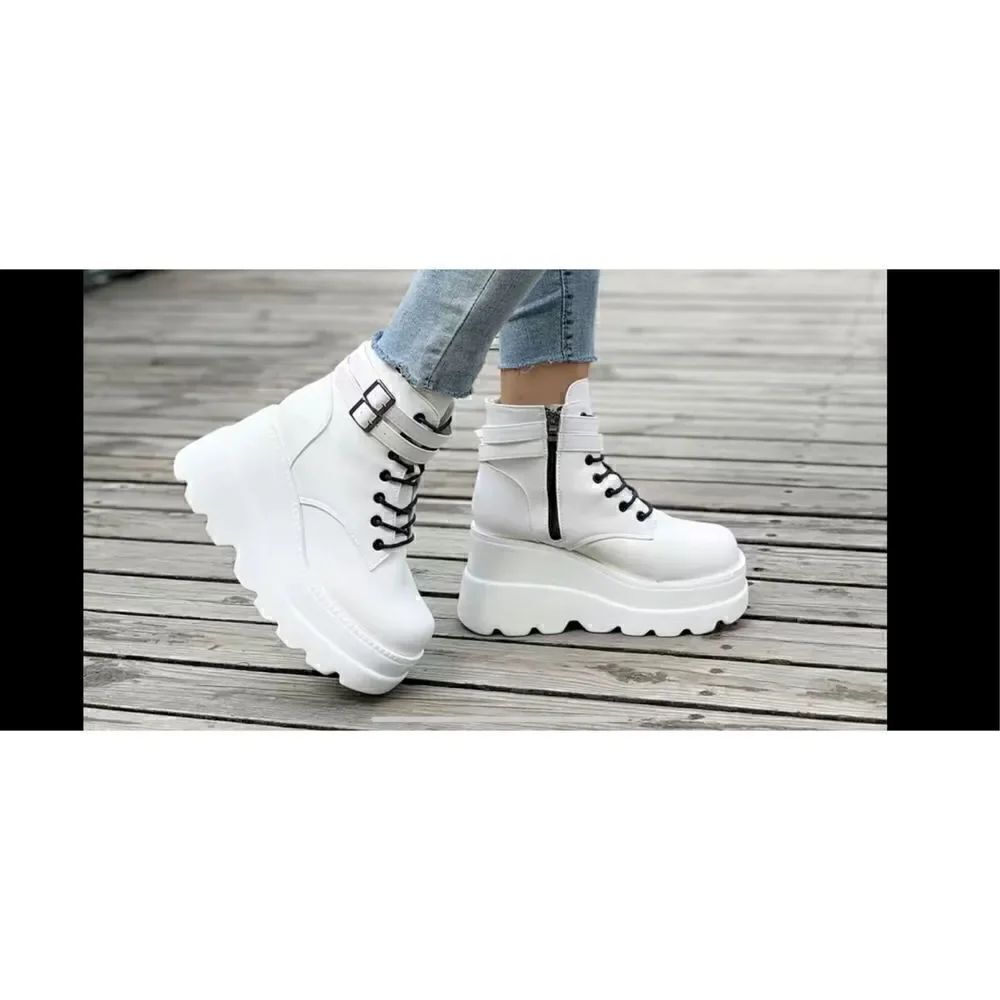 White platform, wedge, heeled punk style boots with Side buckles black zipper an